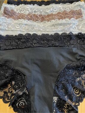 Lace-Trim Bikini Panties - Black, White & Taupe